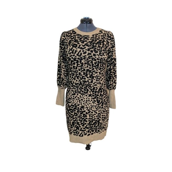 Loft Wool Blend Leopard Animal Print Long Sleeve Sweater Dress Size L - Picture 1 of 10